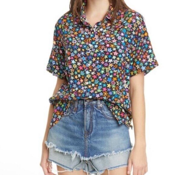 R13 Tony Black Multi-Color Star Print Button Front Shirt Women's Size XS Stars • - Picture 1 of 7